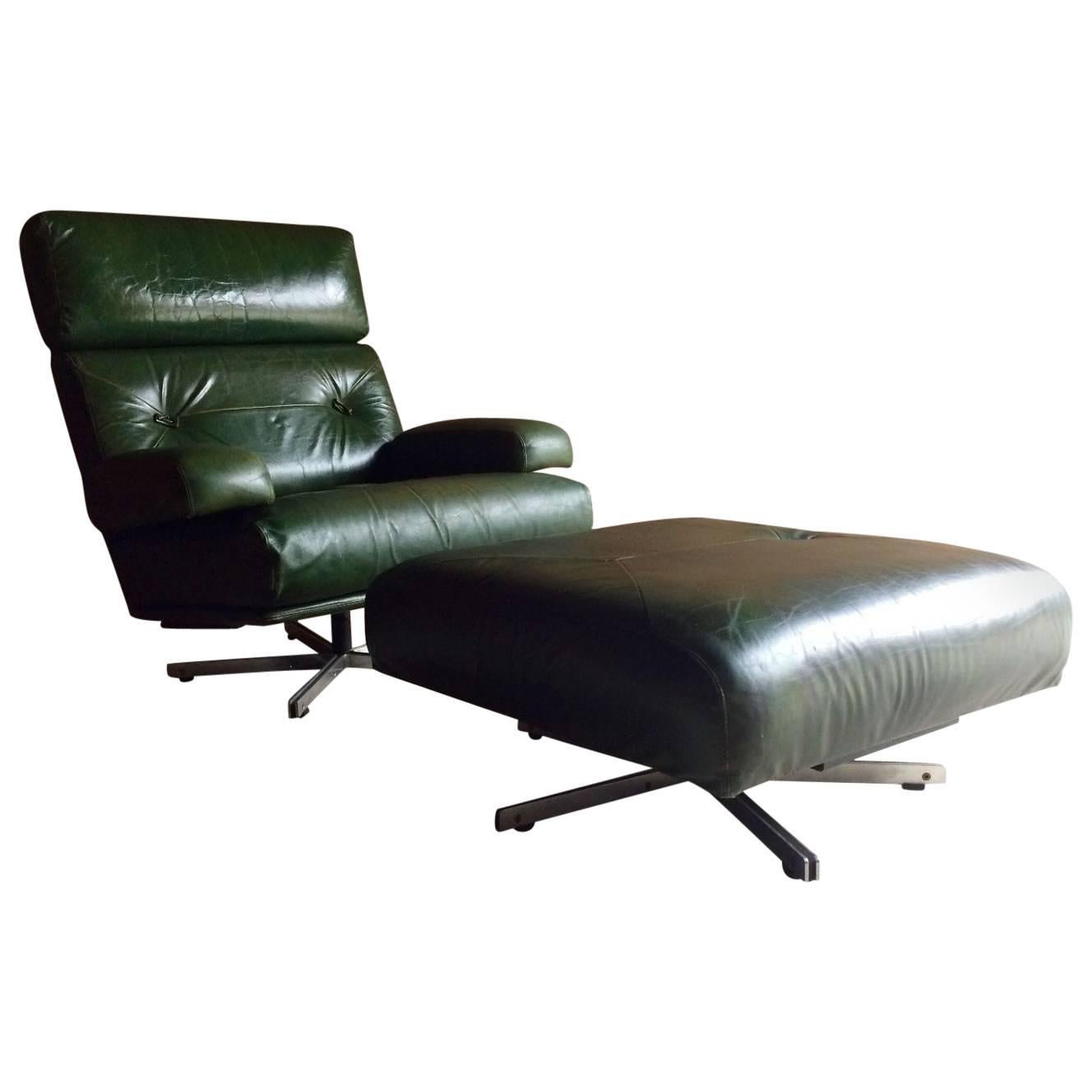 Mid-Century Tetrad Armchair 
Ottoman Leather Swivel Chair in Green, 1970s