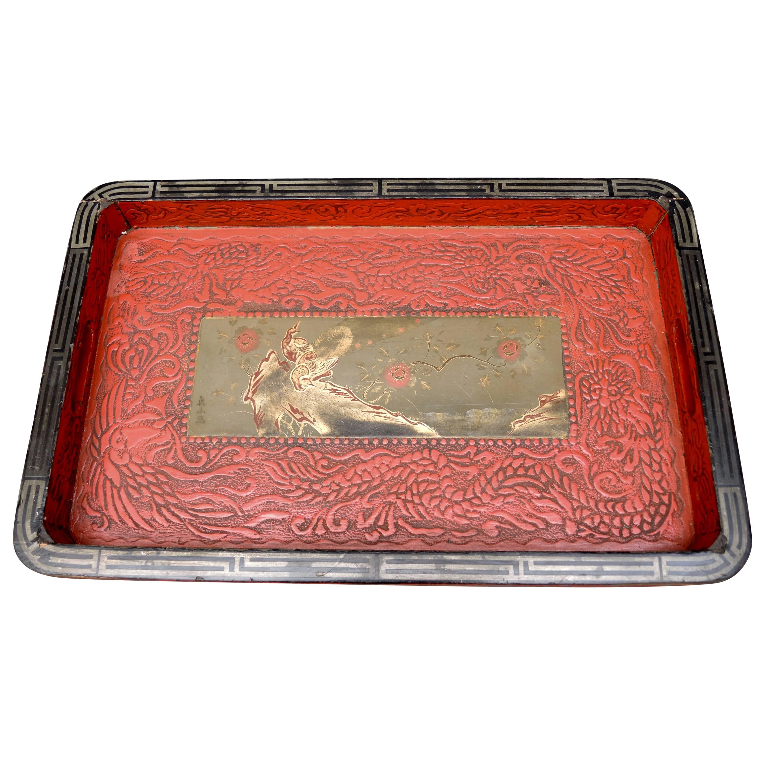 Japanese Lacquered Red & Black Tray with a Central Painting Signed by the Artist