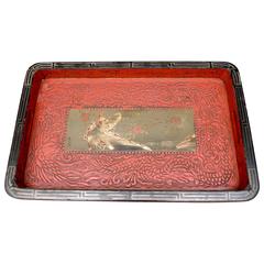 Japanese Lacquered Red & Black Tray with a Central Painting Signed by the Artist