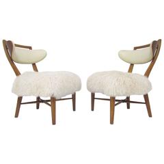 Pair of Mid-Century Modern Lounge Chairs with Lambskin Upholstery