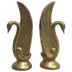 1920s Brass Swan Bookends, Pair