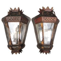 Antique Pair of Venetian Tole Tin Sconces with Mirrored Back Plates and Repousse Crown