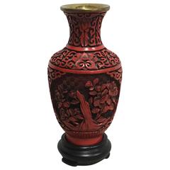 Antique 19th Century Chinese Red Cinnabar Cloisonné Vase on Stand