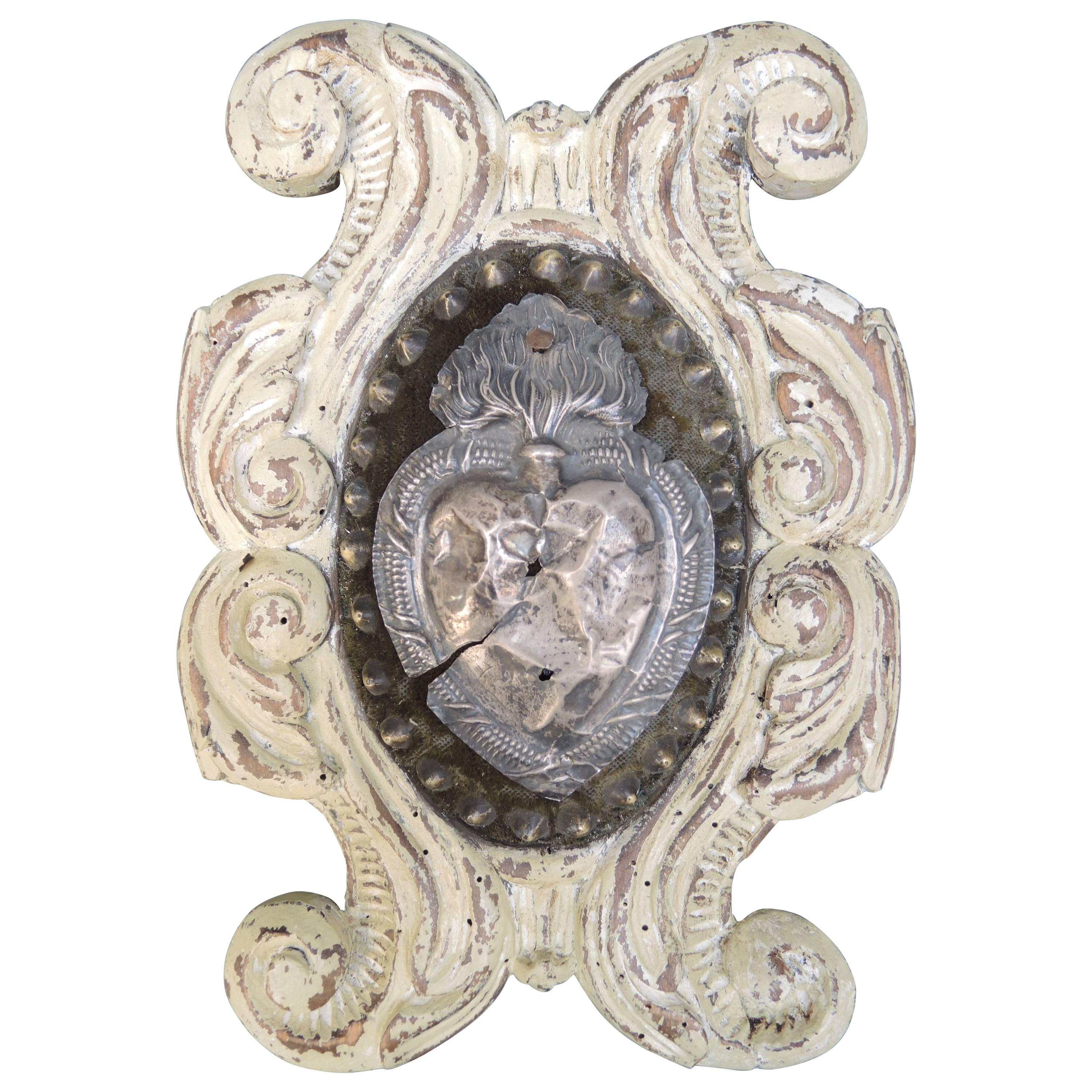 Italian Carved and Painted Cartouche Plaque with Silver Ex Voto Devotional Heart For Sale