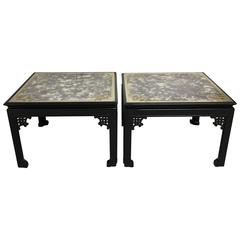 1960s Maison Jansen Black Ebonized Side Tables with Gold and Silver Glass, Pair
