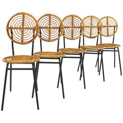 Vintage French Rattan Chairs on Black Metal Base from the 1950s