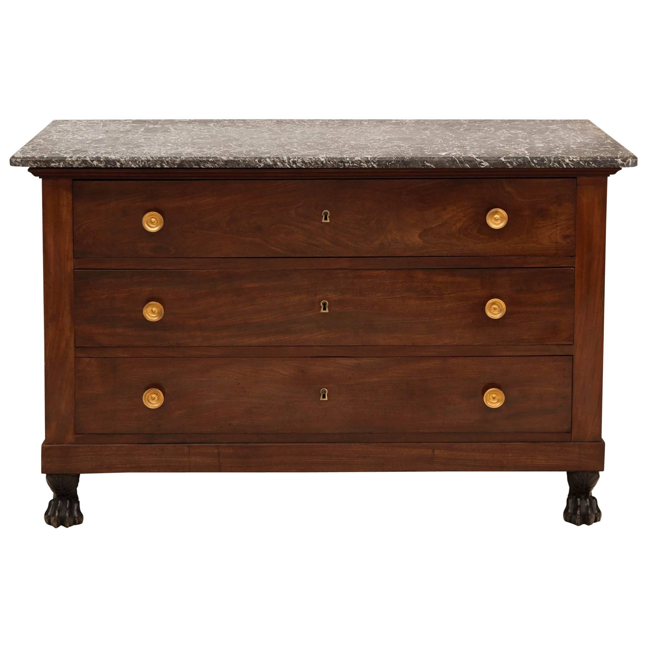 Empire Period Mahogany Commode with Grey and White Veined Marble, circa 1810 For Sale