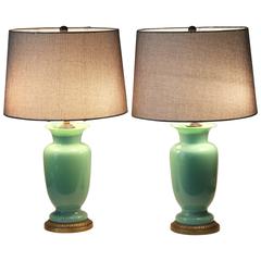 Pair of Vintage Paul Hanson Sage Green Celadon Glass Brass Lamps