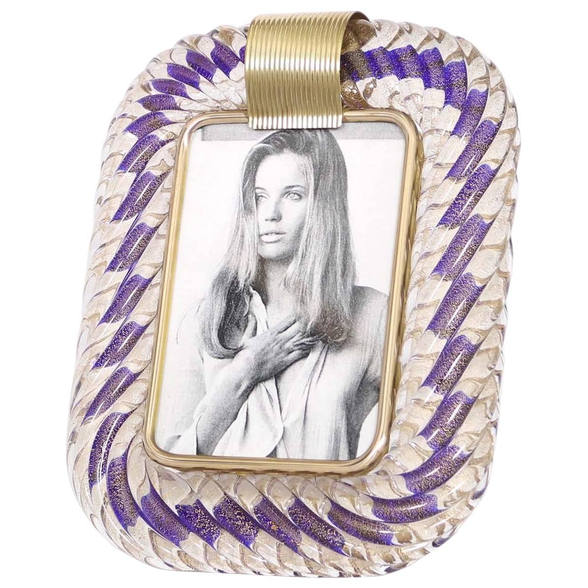 Venini 'Torciglione' Murano Glass Photo Frame with Blue Ribbon and Gold Flakes