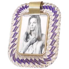 Venini 'Torciglione' Murano Glass Photo Frame with Blue Ribbon and Gold Flakes 2