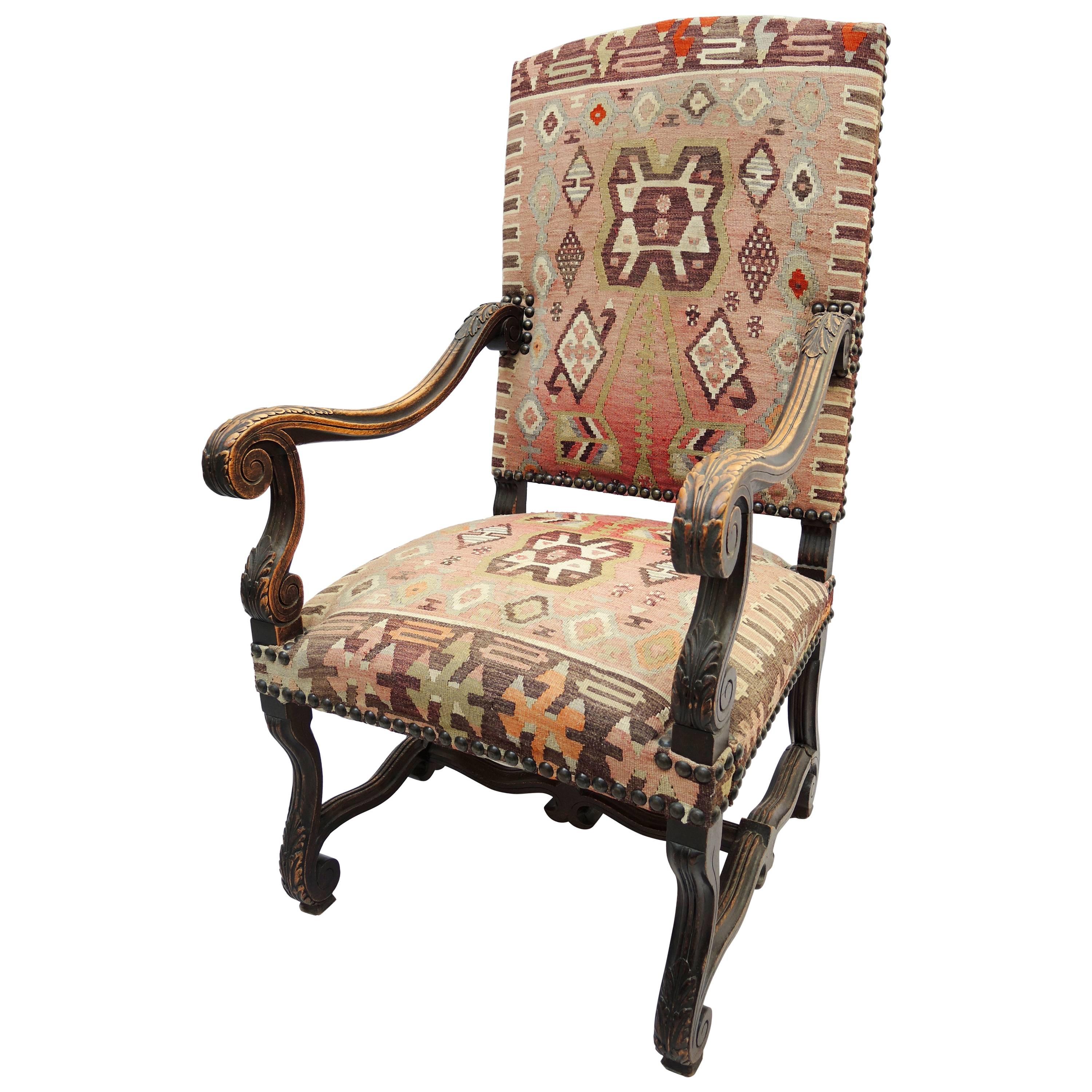 19th Century French Louis XIV French Armchair Upholstered in Kilim Carpet For Sale