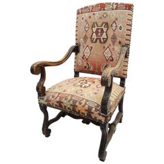 19th Century French Louis XIV French Armchair Upholstered in Kilim Carpet