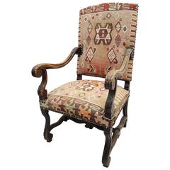 19th Century French Louis XIV French Armchair Upholstered in Kilim Carpet 9