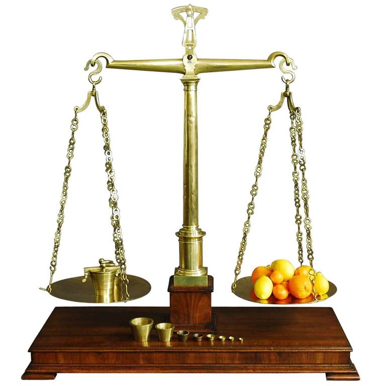 Large Pair of 19th Century Brass Apothecary Balance Scales For Sale at