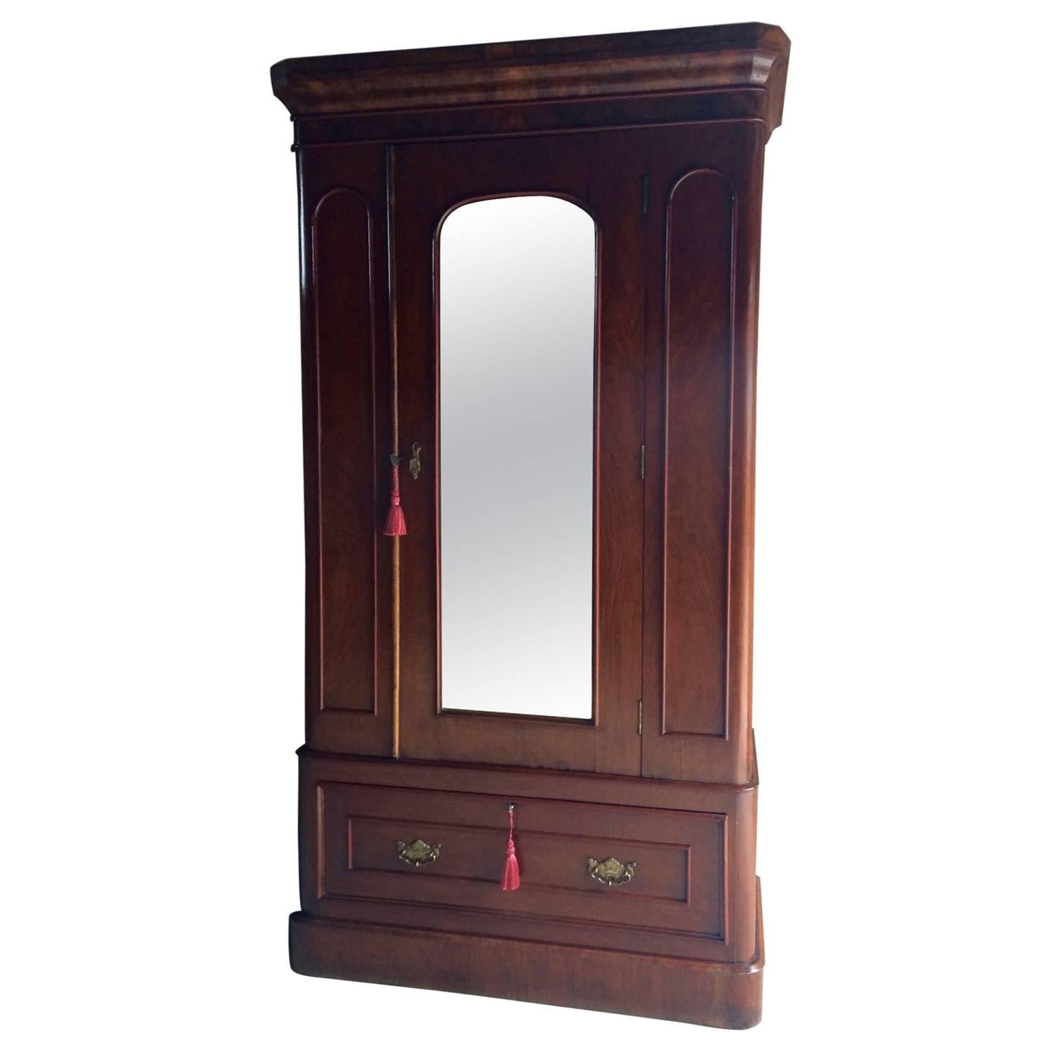 Antique Wardrobe Armoire Single Walnut Mirror Fronted Victorian, circa 1870