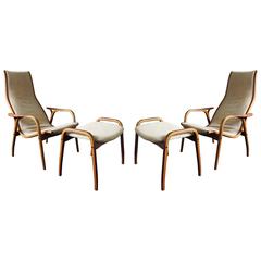 Pair of Suede Lamino Chairs and Ottomans by Yngve Ekstrom