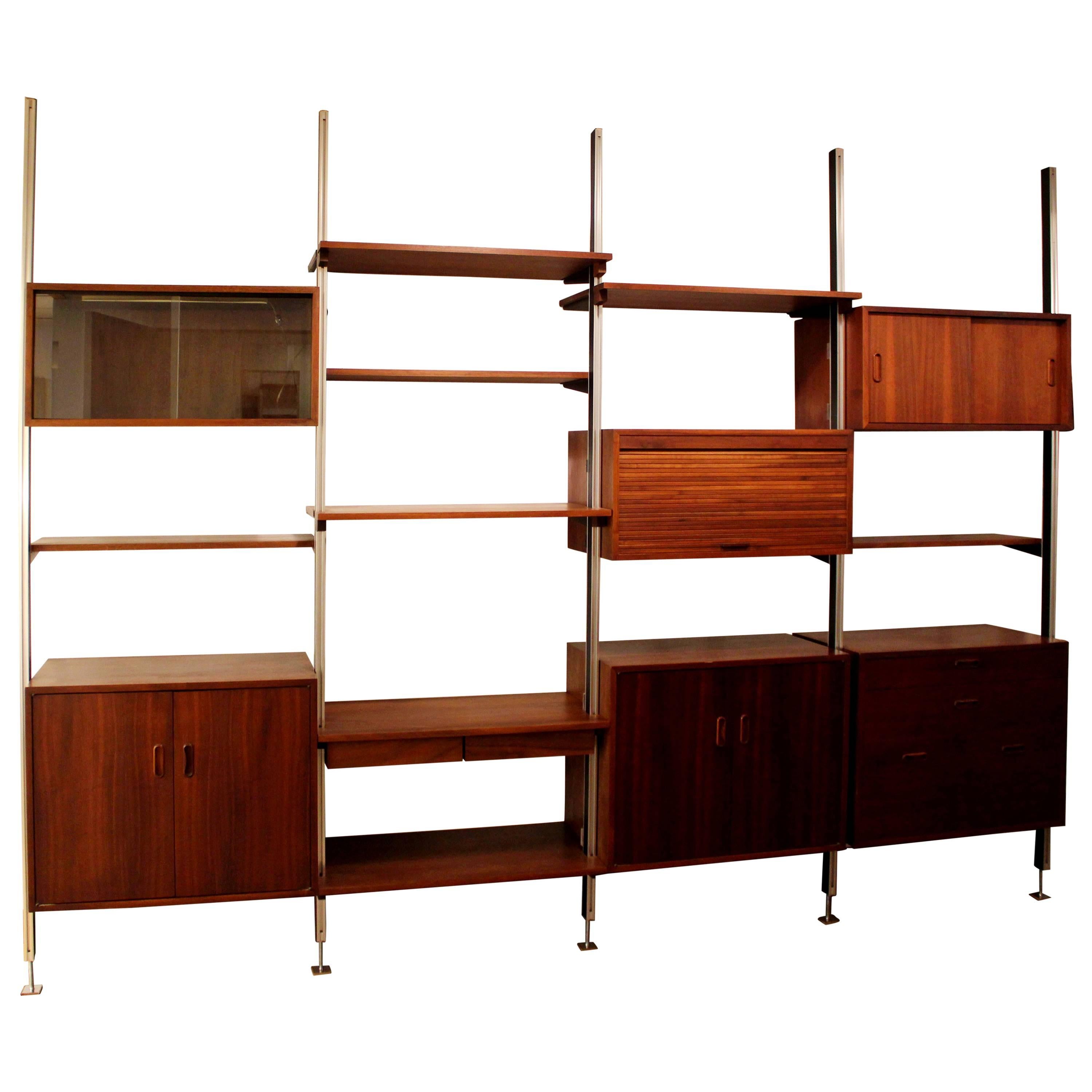 George Nelson Four Bay Walnut Aluminum Omni Wall Shelf Unit