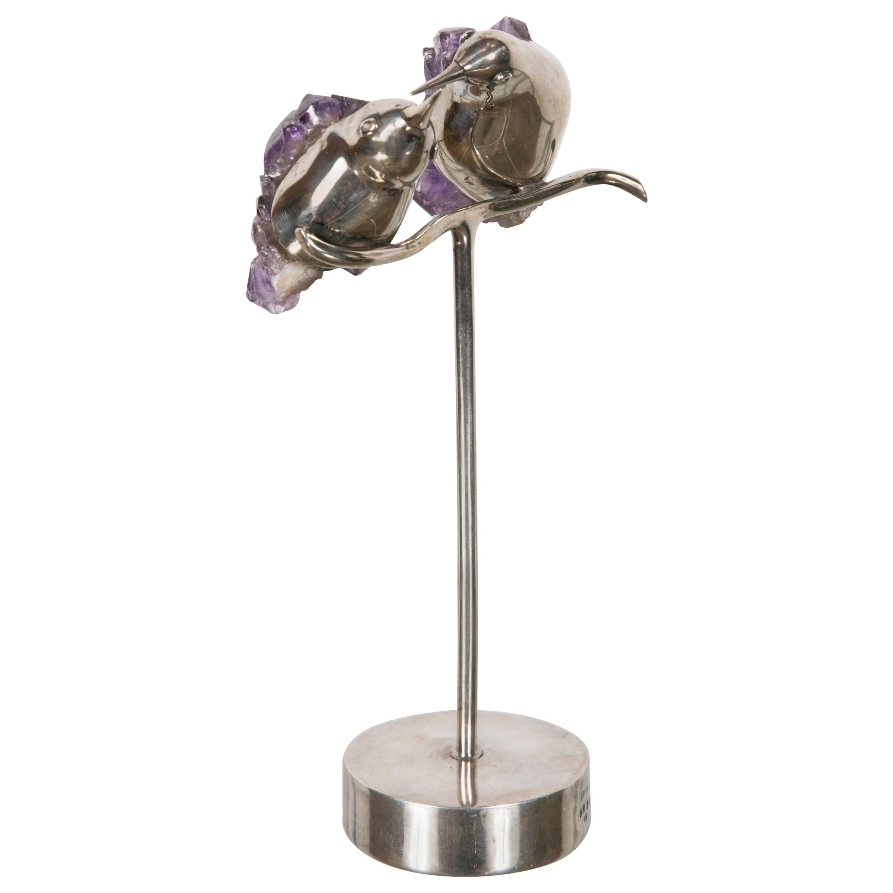 Charming Pair of Silver and Amethyst Hummingbird Perched on a Stem