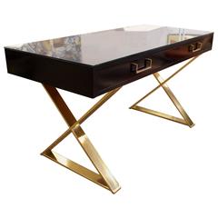 Milo Baughman Black Lacquer and Brass X-Base Campaign Desk