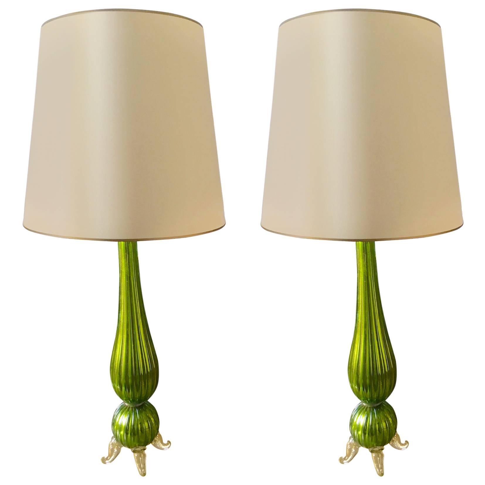 Mercury Lemon Green Pair of Murano in Gold Incrusted Glass For Sale