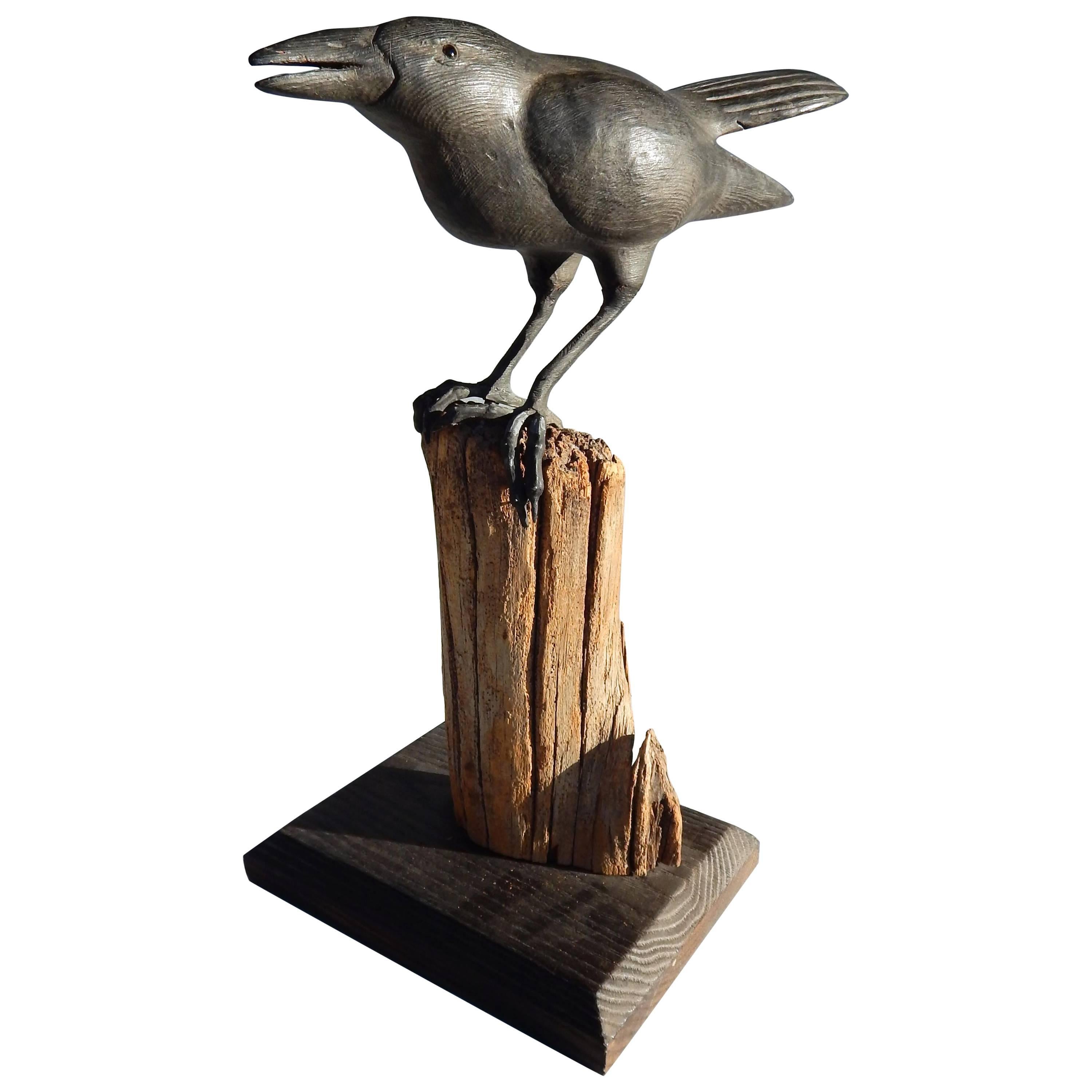 Thomas Langan Folk Art Hand-Carved Raven