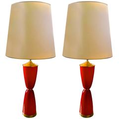 Vintage Deep Red Ruby Opaline Glass Pair of Lamps with Bronze Details