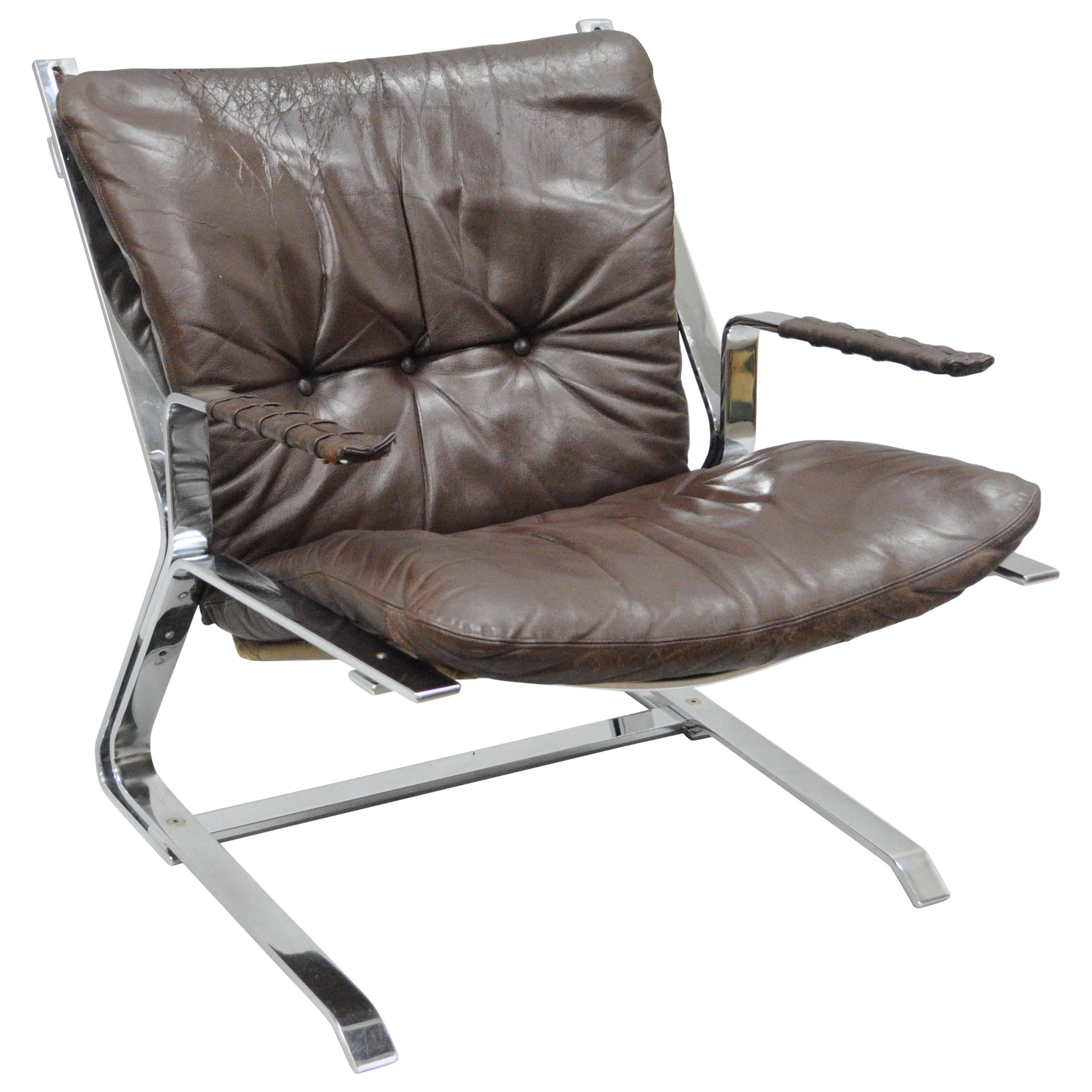 Pirate Lounge Chair Brown Leather & Chrome by Elsa & Nordahl Solheim for Rykkin