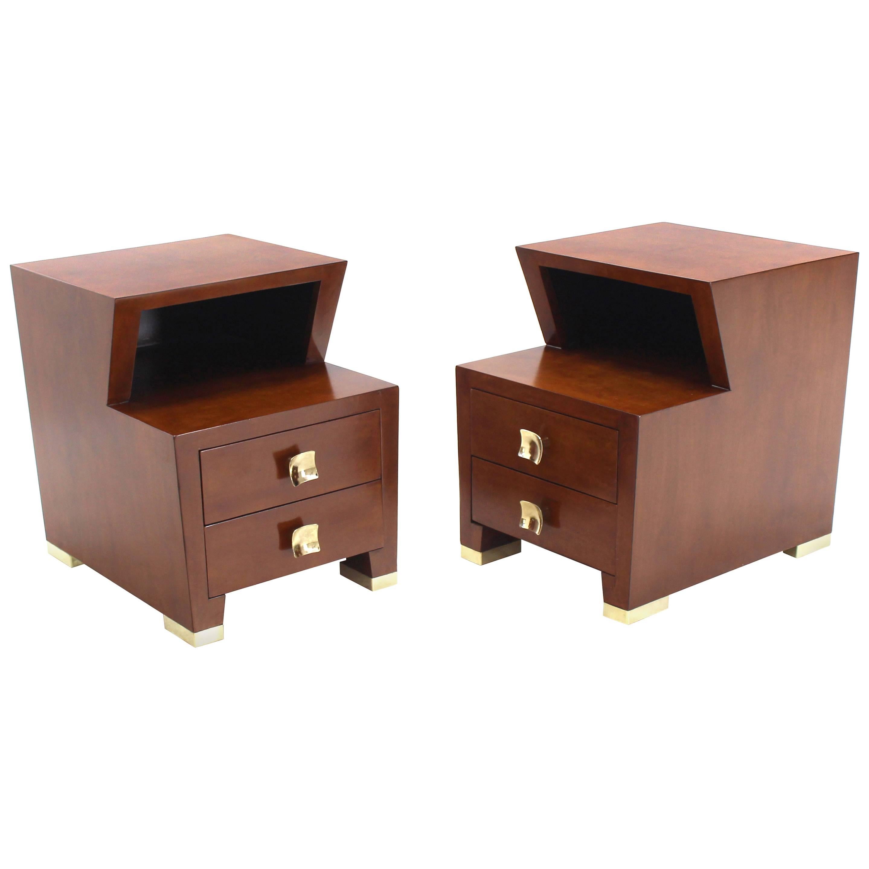 Pair of Art Deco Burl Wood End Tables Nightstands with Brass Hardware Pulls