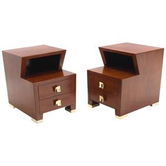 Pair of Art Deco Burl Wood End Tables Nightstands with Brass Hardware Pulls 1