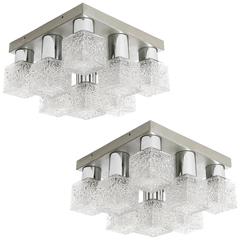 Pair of Flush Mount or Wall Lights, Textured Glass Metal Chrome, Germany, 1970 1