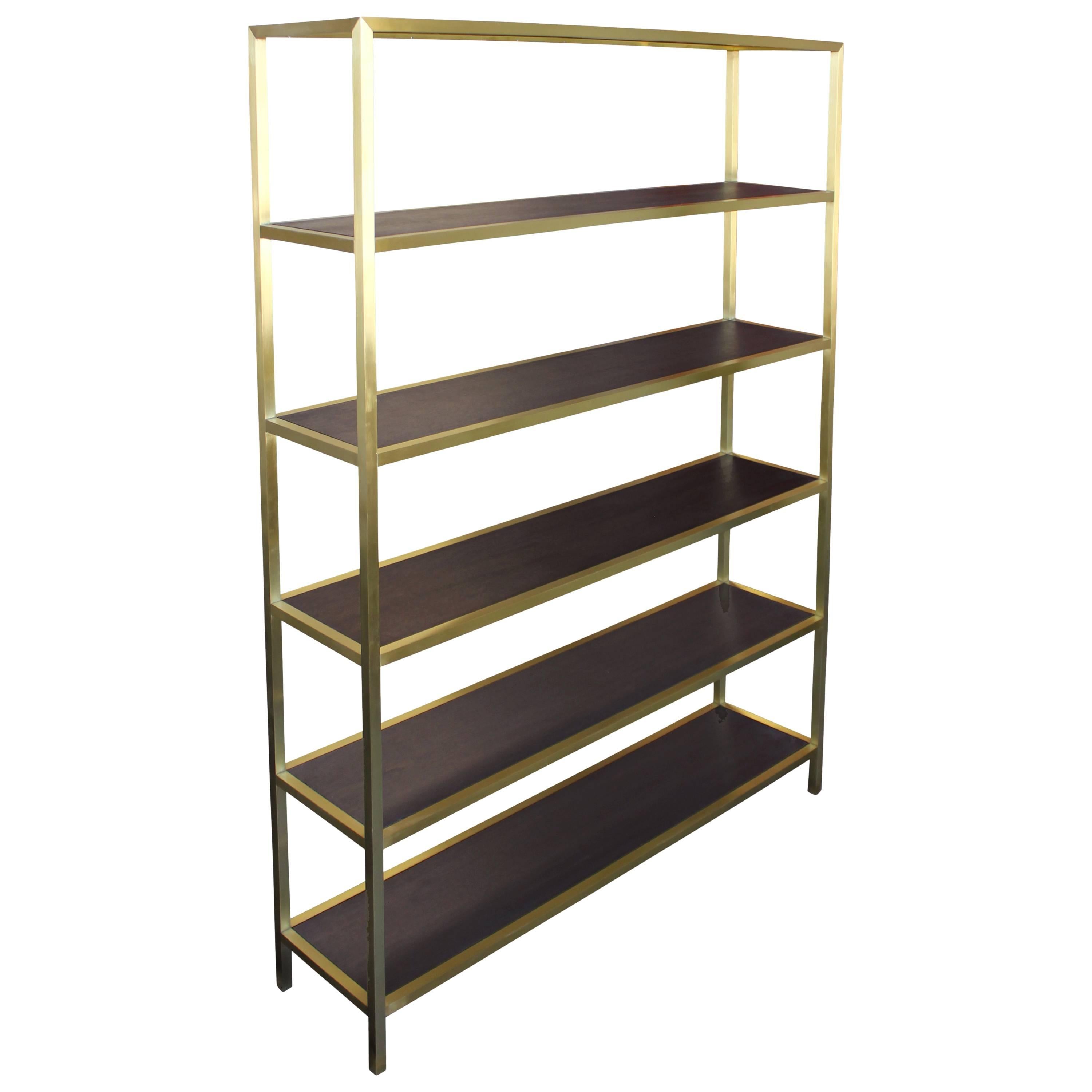 Tall Brass Etagere with Stained Walnut Shelves For Sale