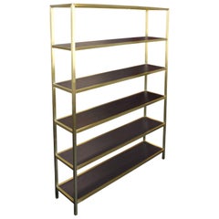 Tall Brass Etagere with Stained Walnut Shelves