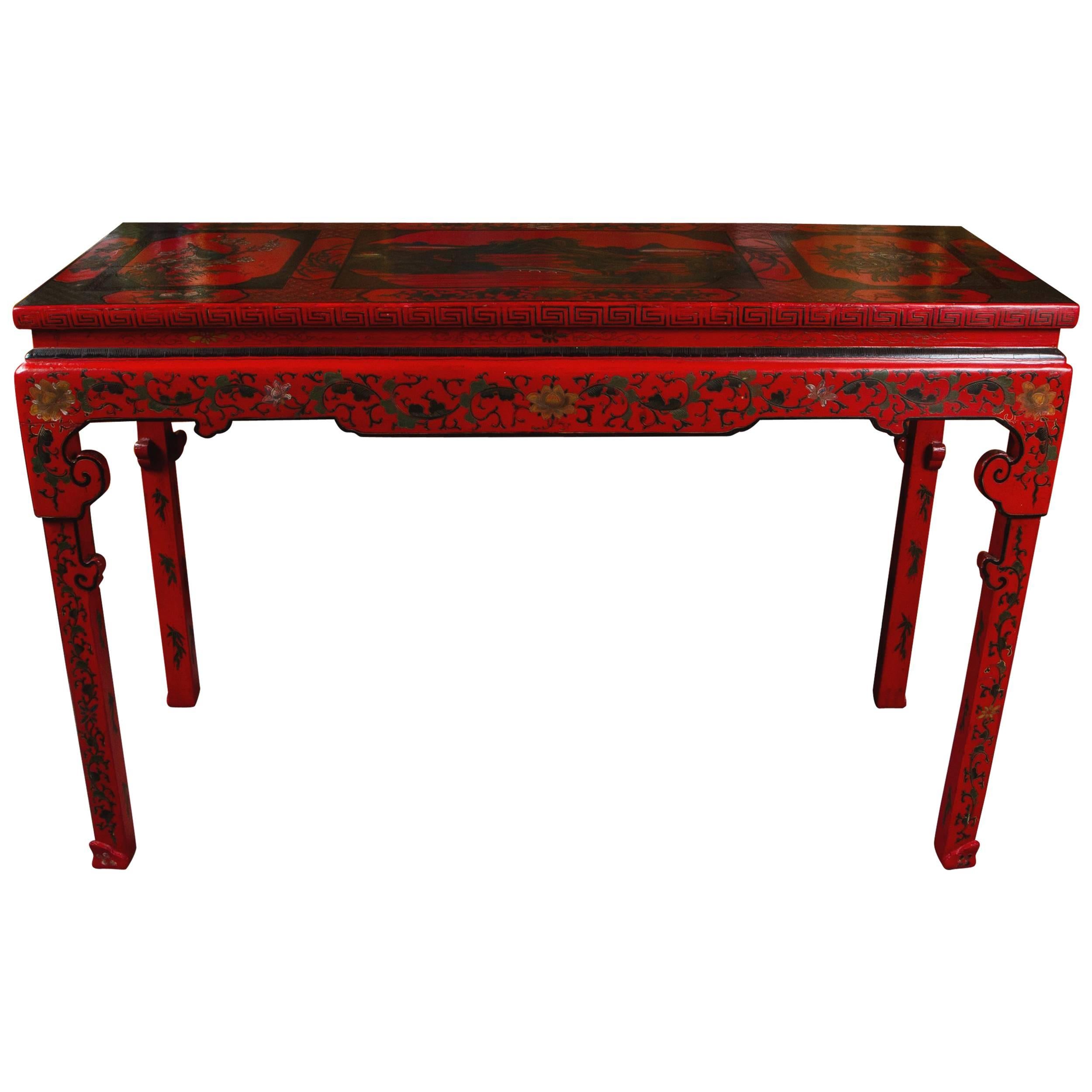 Vibrant Red Cinnabar Lacquered Chinese Altar Table