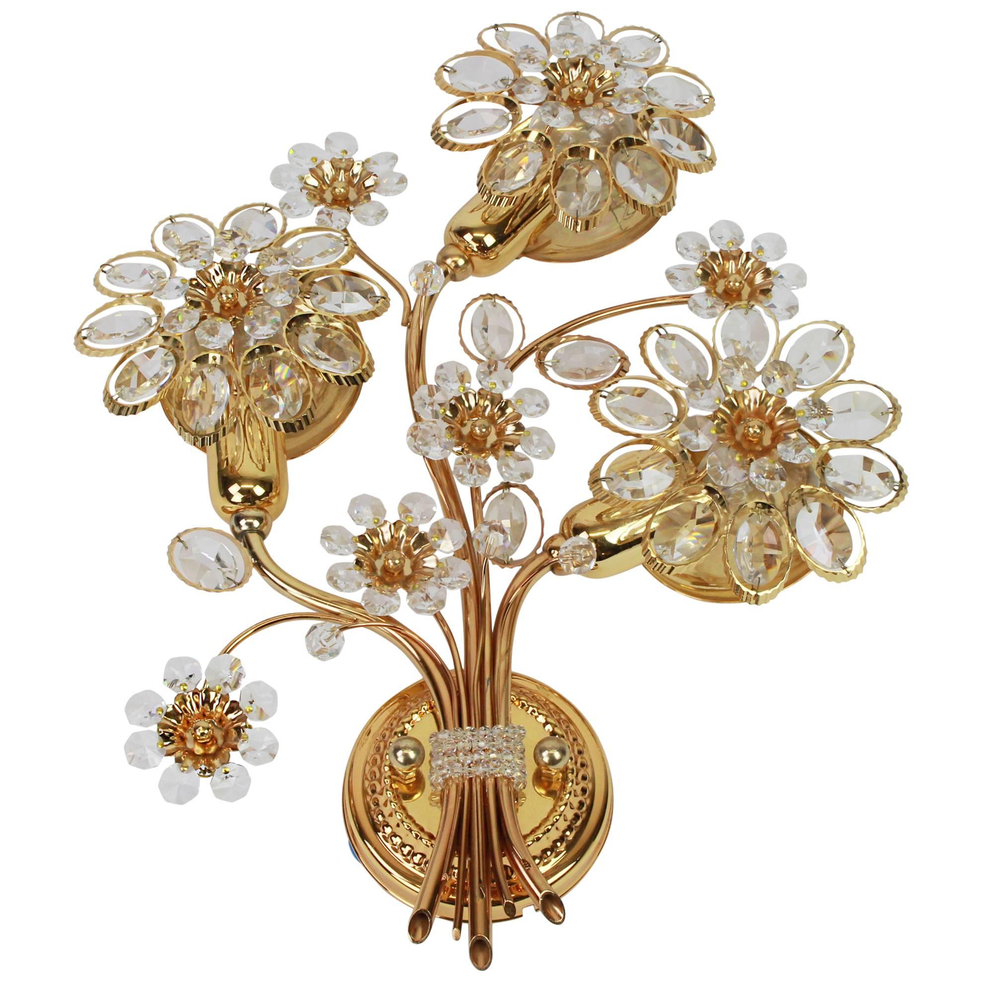 Large Gilt Brass Flower Shape Wall Light with Crystals by Palwa, Germany, 1970s