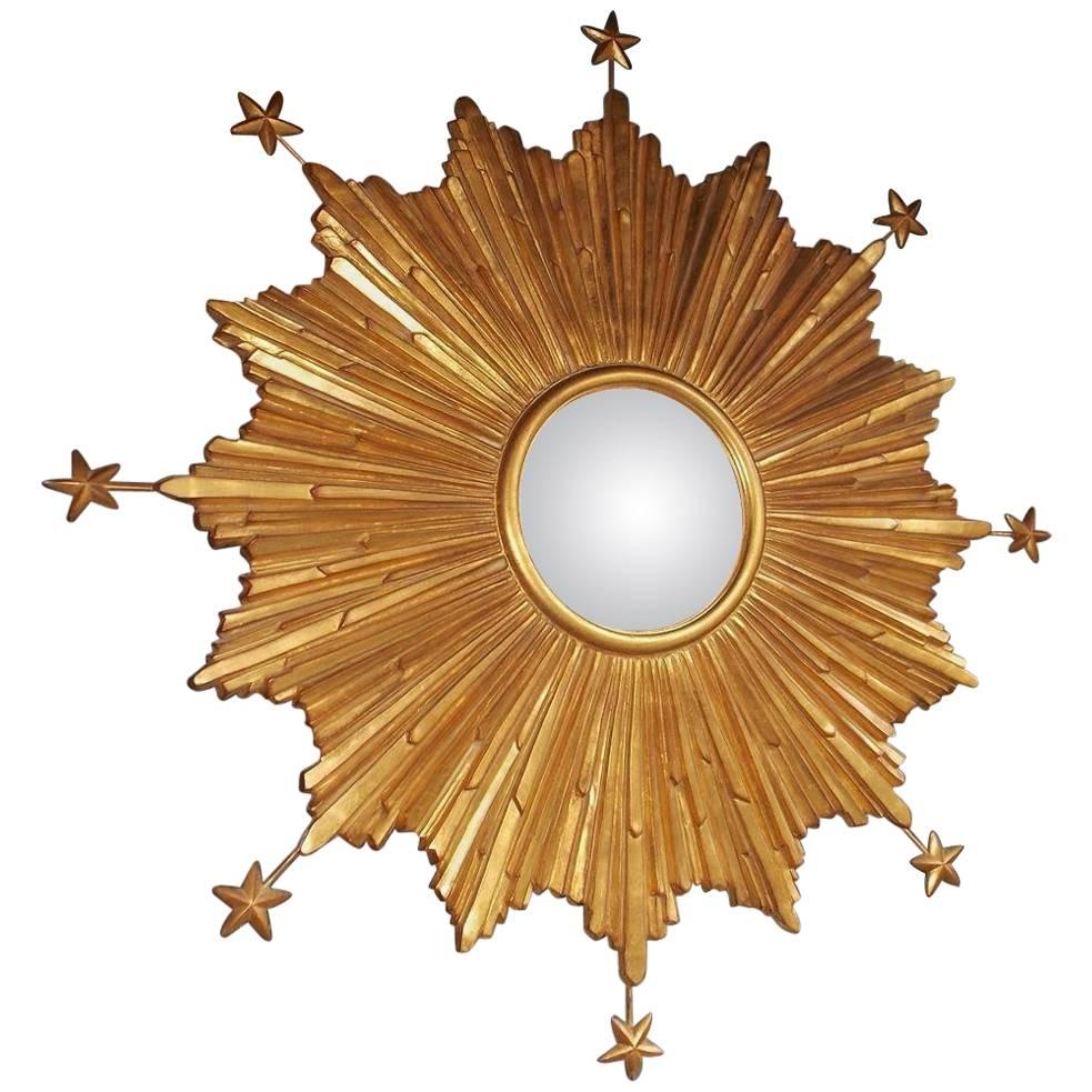 American Gilt Carved Wood Sunburst and Stars Convex Mirror, 20th Century