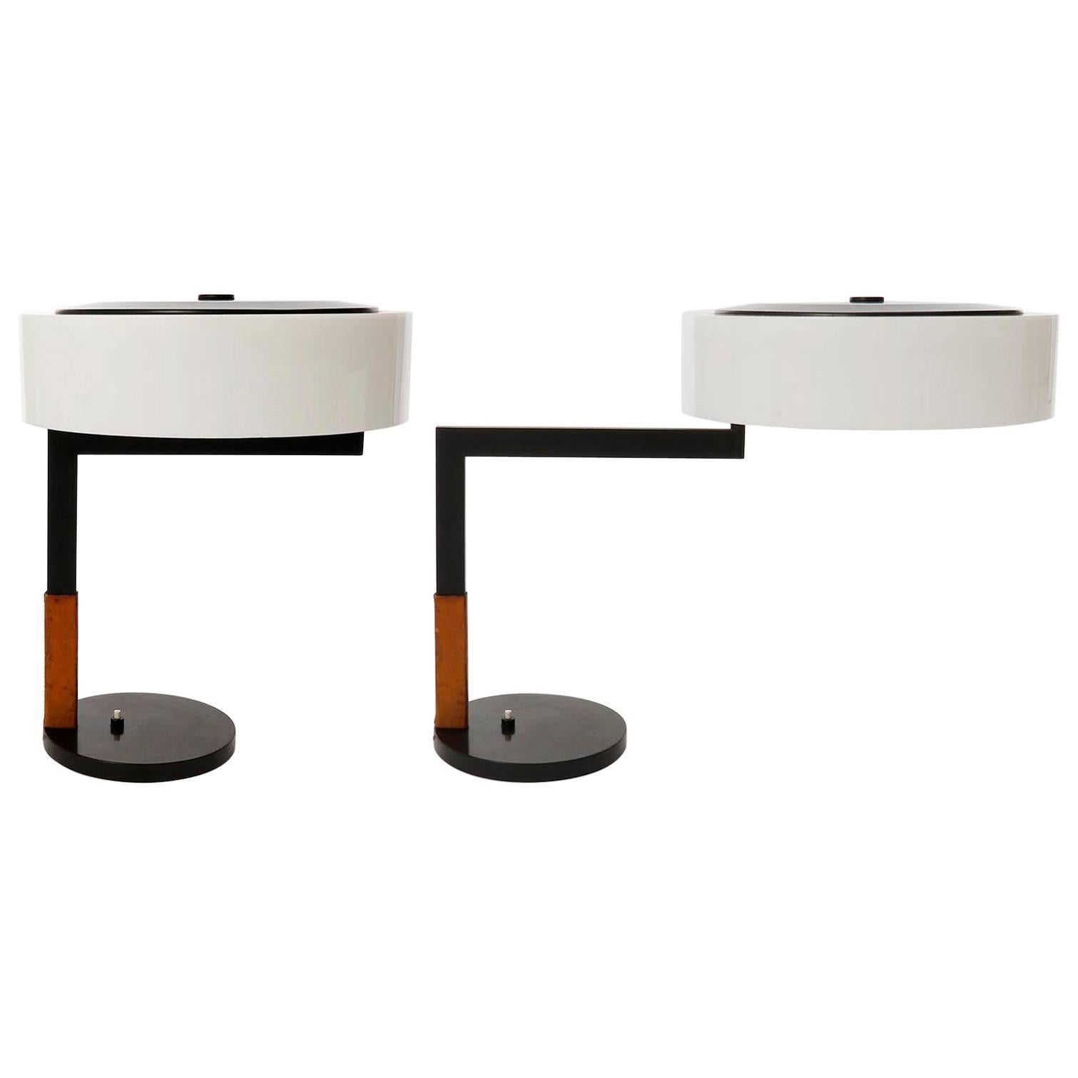Two Kalmar Table Lamps, Swivel Lampshade, Leather Metal Opal Plexiglass, 1960s