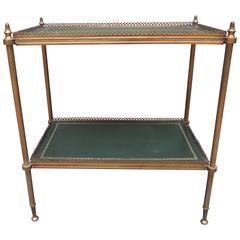 Regency Style Brass and Green Tooled Leather Etagere Side or End Table