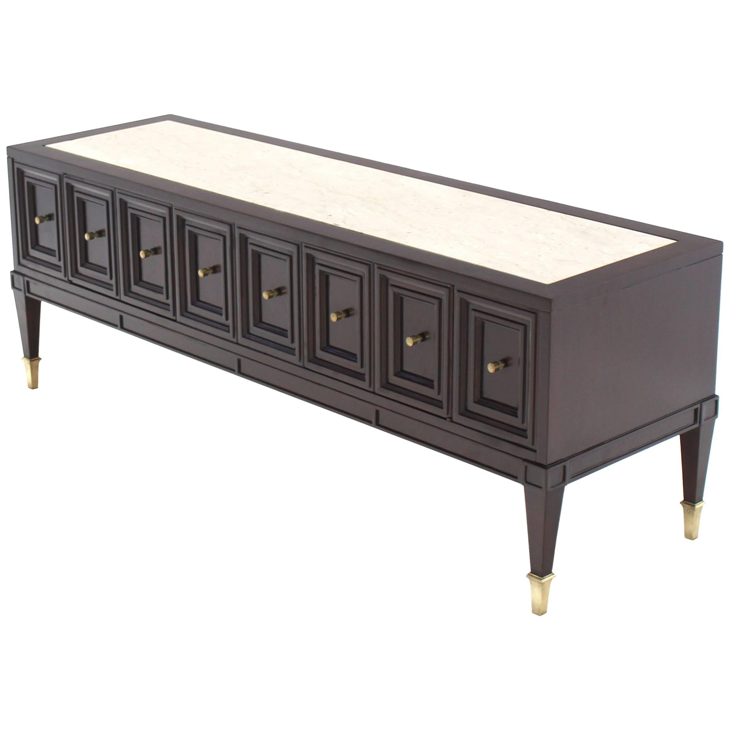 Dark Walnut Marble Top Low Hall Credenza with Doors Brass Hardware