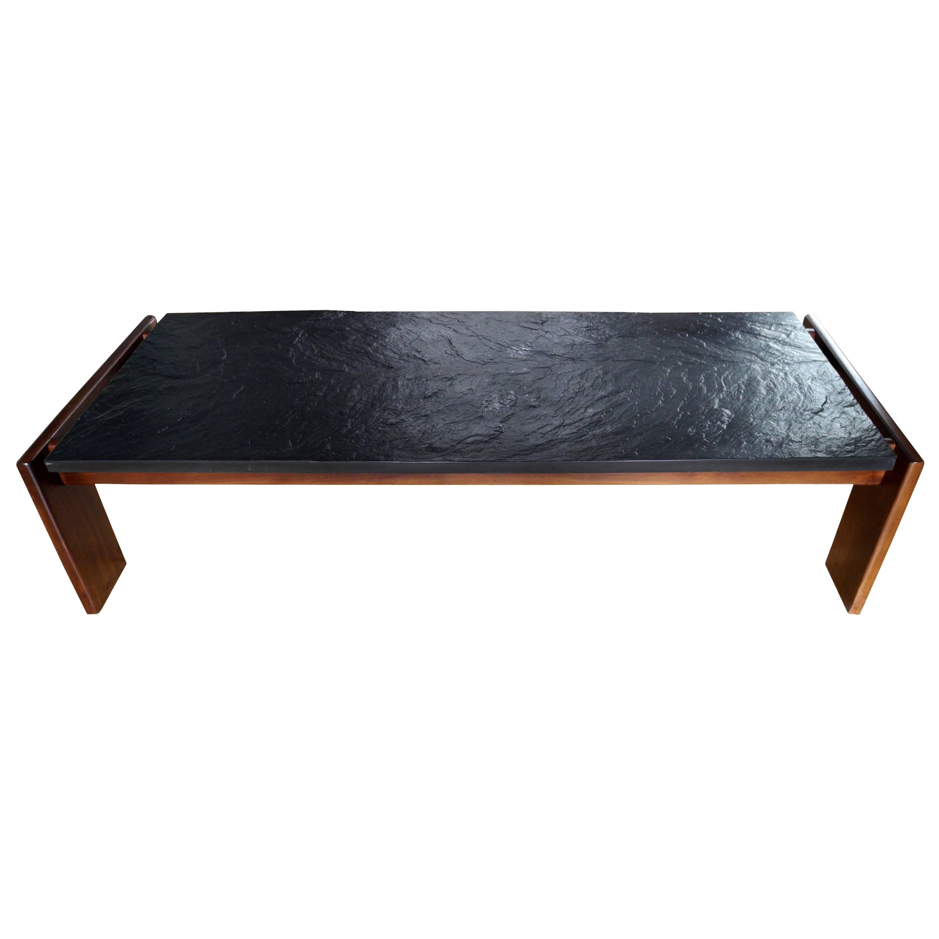 Mid-Modern Brutalist Slate and Solid Walnut Coffee Table by Adrian Pearsall For Sale