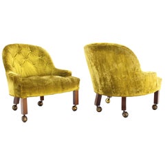 Pair of Gold Tufted Velvet Upholstery Vintage Barrel Back Slipper Lounge Chairs