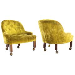 Pair of Gold Tufted Velvet Upholstery Vintage Barrel Back Slipper Lounge Chairs 11