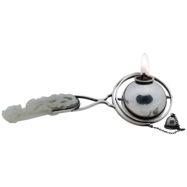 Sterling Silver and Jade Cigar Table Lighter by, Solomon and Gustave