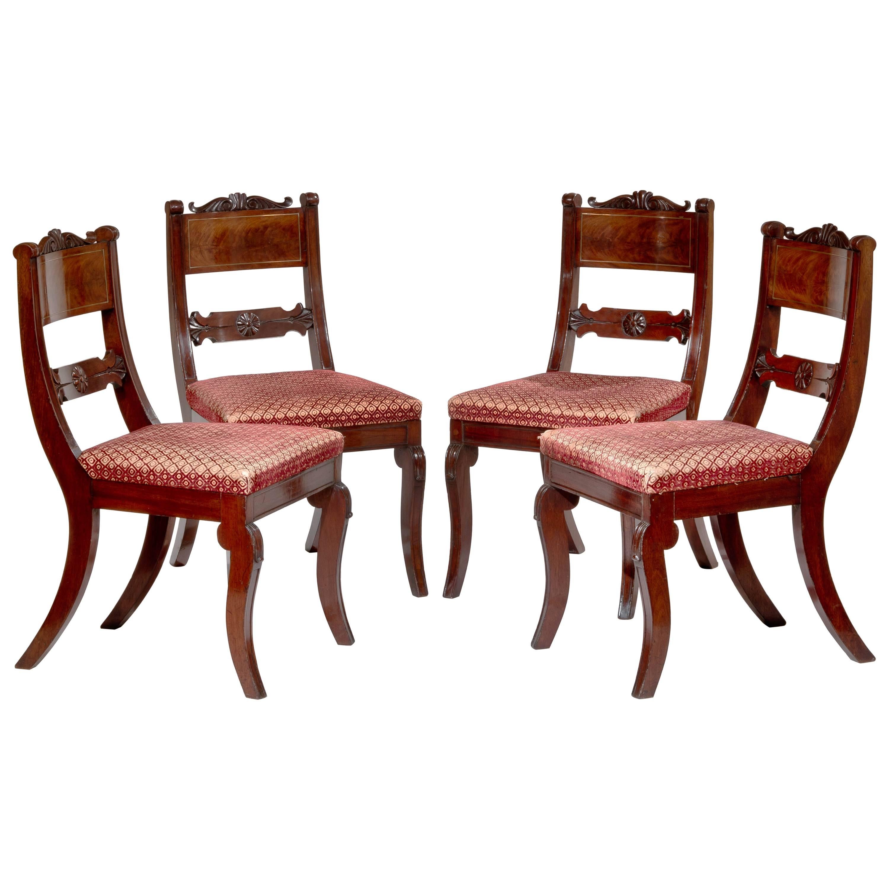 Set of Four Brass-Inlaid Carved Mahogany Klismos Chairs
