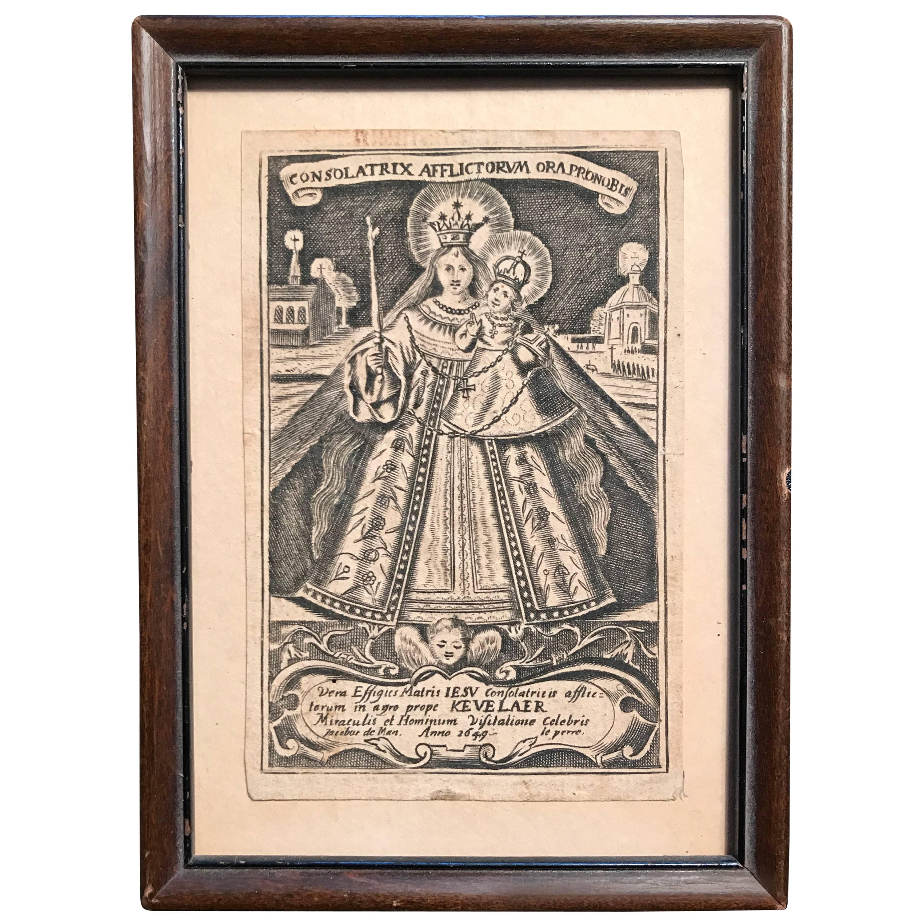 Baroque Etching of Mary, Consoler of the Afflicted, Devotional Print, 1649