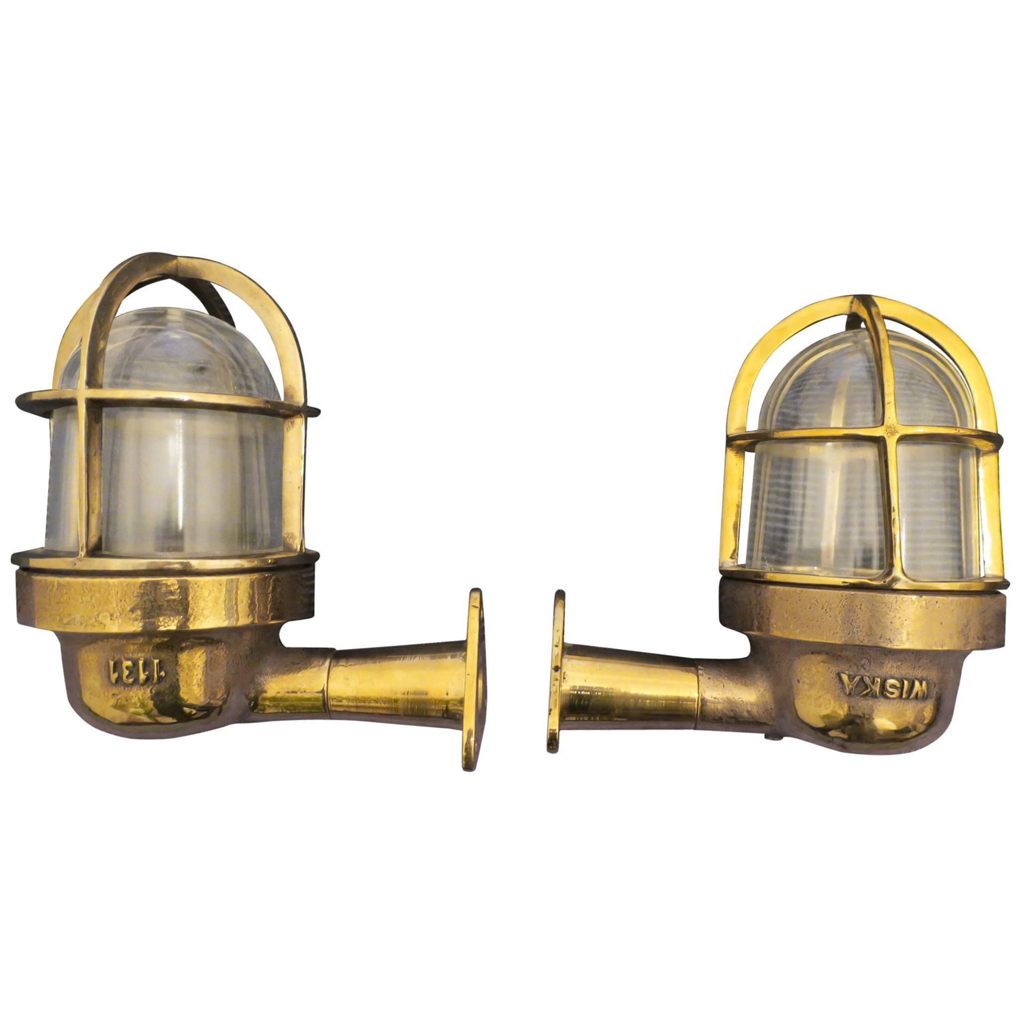 Pair of Ship's Lights or Sconces in Brass and Glass For Sale