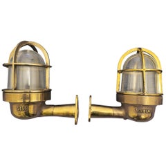 Pair of Ship's Lights or Sconces in Brass and Glass