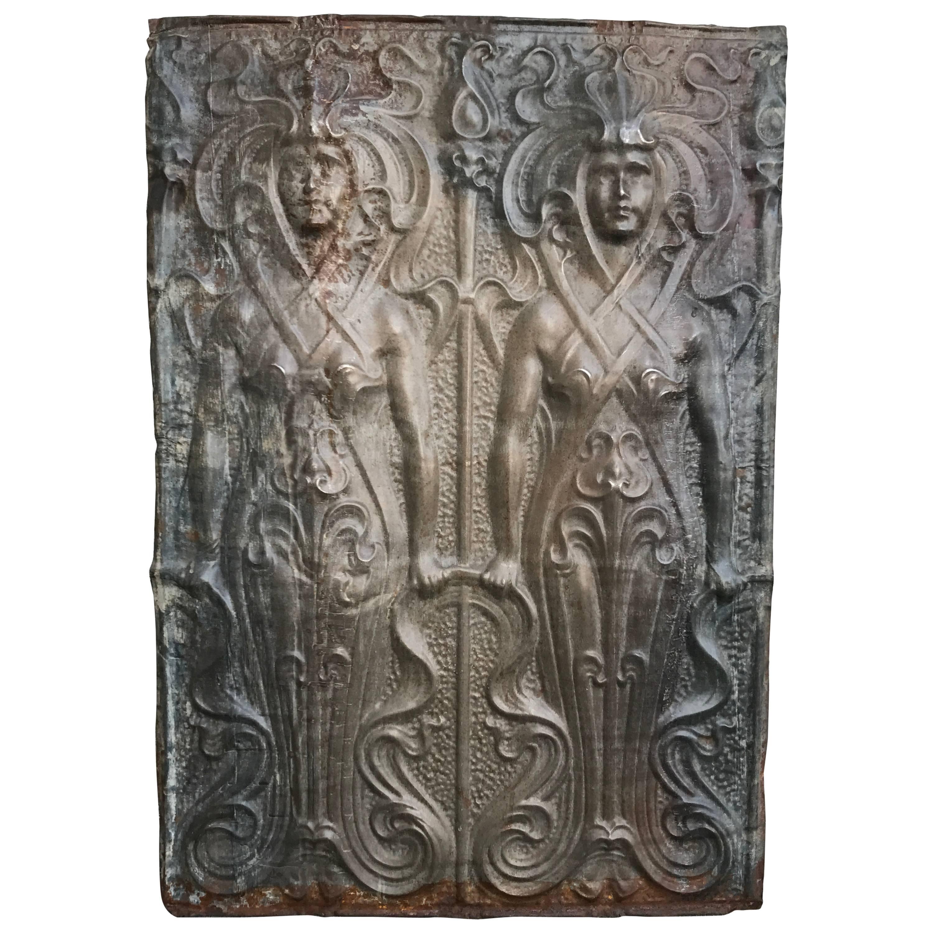 Art Nouveau Zinc Panel of Two Female Figures