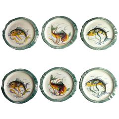 Set of Six French Ceramic Vintage Fish Hand-Painted Plates or Dishes