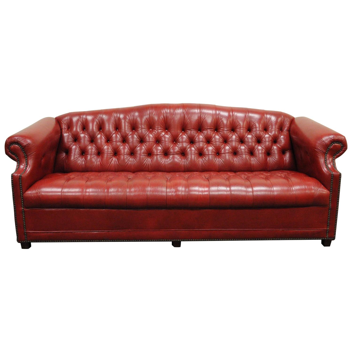 Vintage Red Leather English Chesterfield Style Button Tufted Sofa