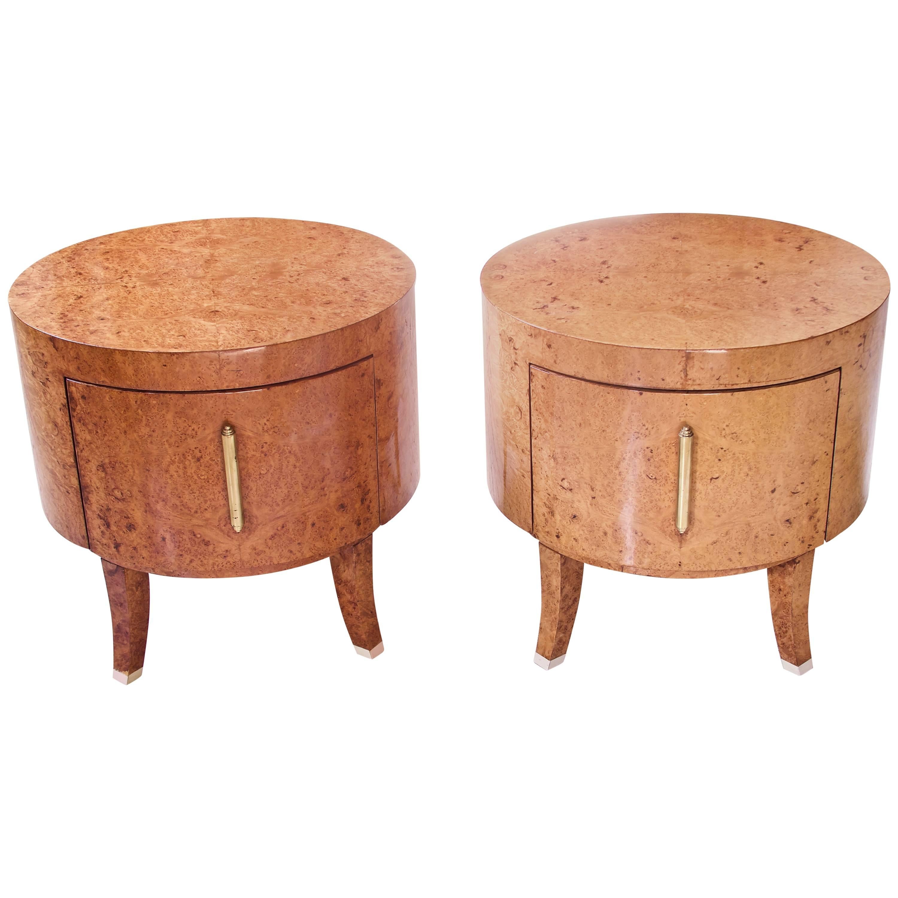 Pair Custom Swedish Biedermeier Style Round End Tables in Birch Burl and Brass